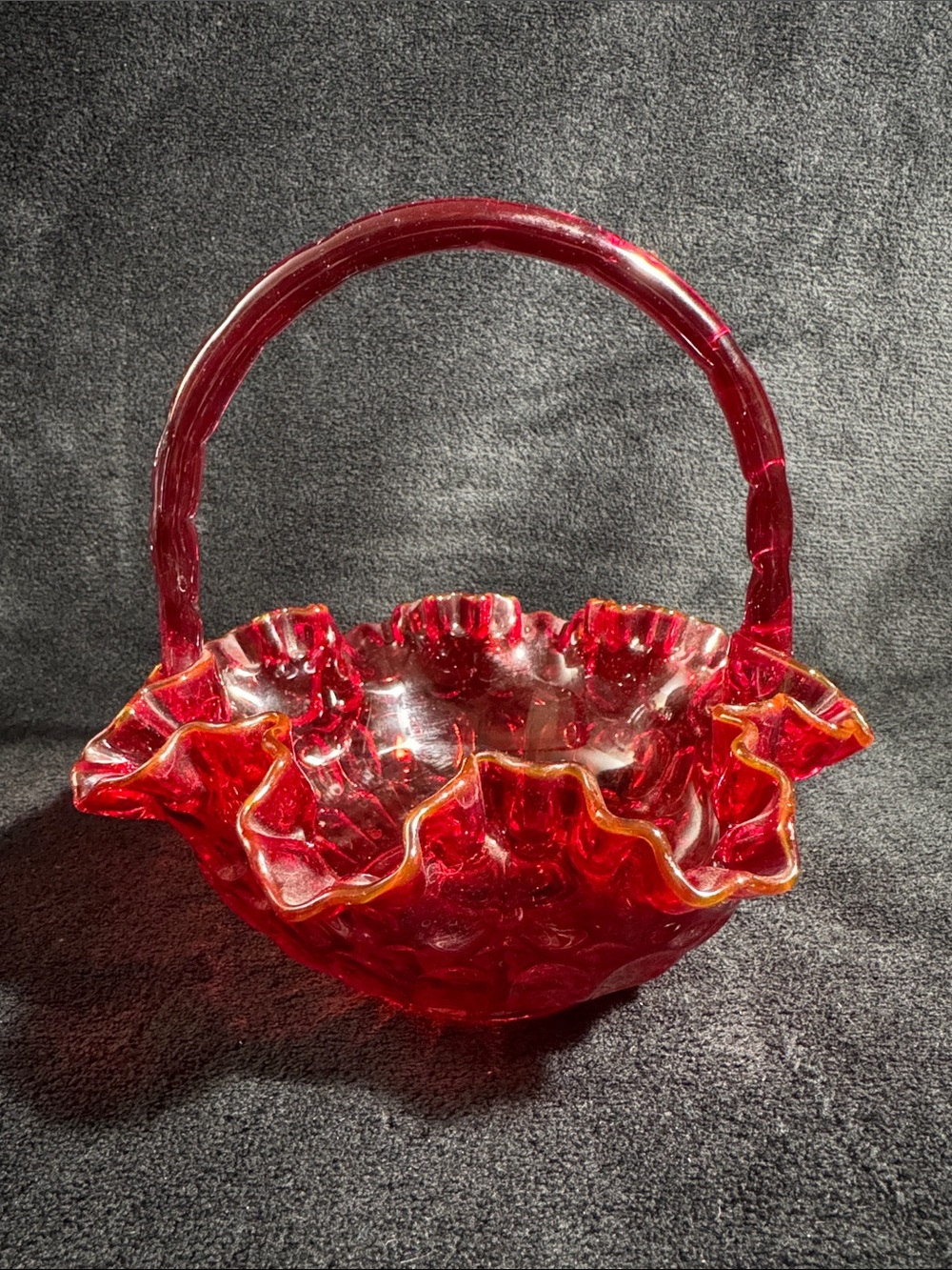 Vintage Fenton Ruby Red Glass Basket Decorative Handbag-Style Bowl, UV Reactive
